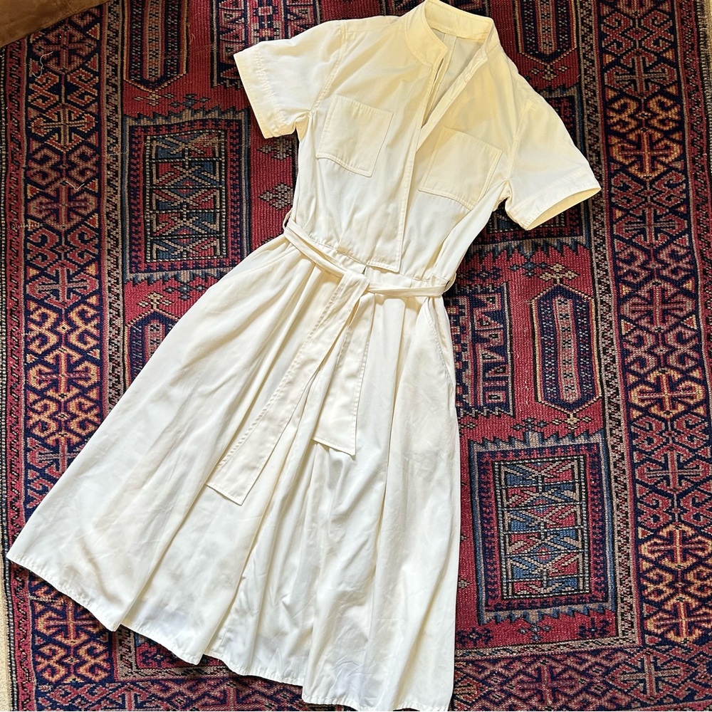 Vintage Cream Short-Sleeve Shirtwaist Dress with Tie Waist